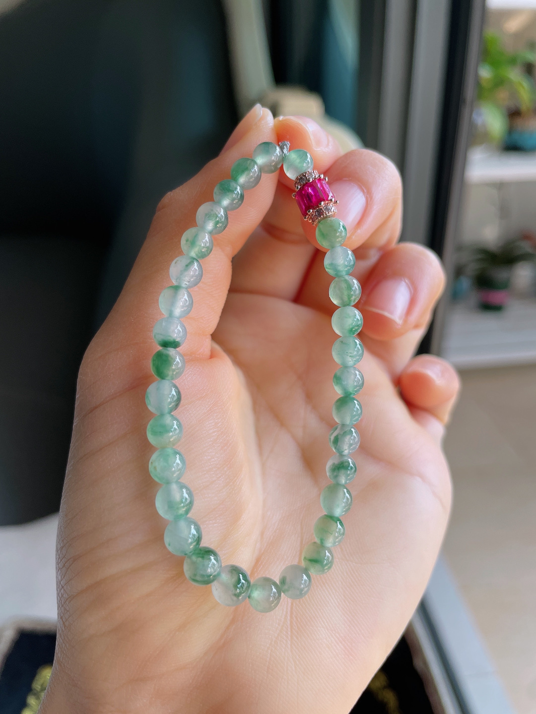缅甸天然翡翠A货，冰飘花手串，尺寸：5.8mm。【编3755】