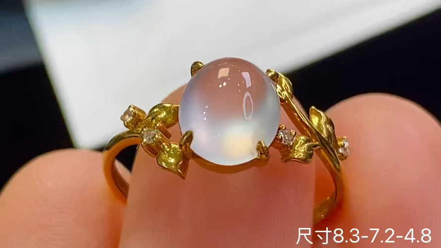18k金+钻玻璃种蛋面戒指，无裂，8.3-7.2-4.8