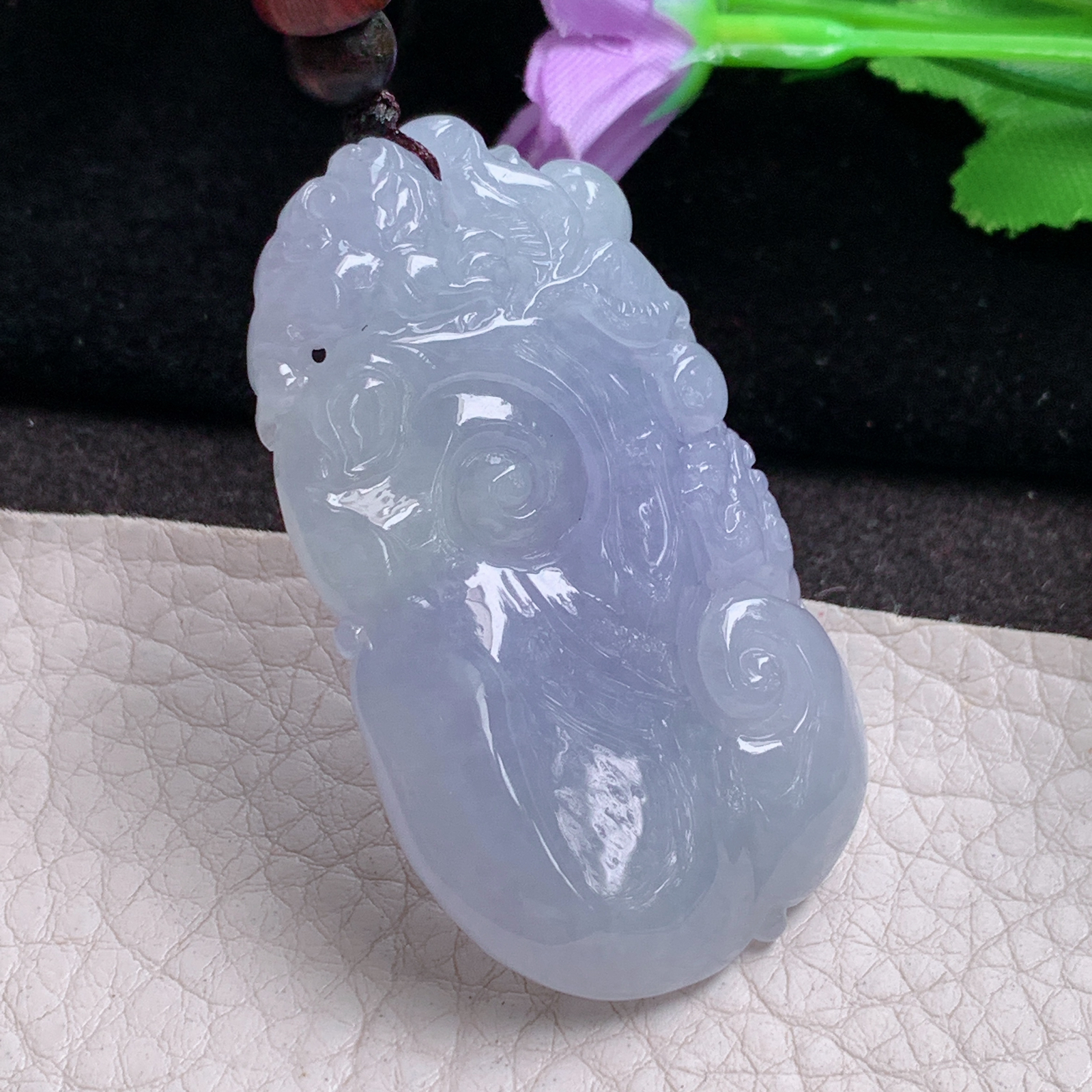 zen实拍52*30*9缅甸翡翠a货精雕紫罗兰如意 祥云如意玉吊坠 玉挂件