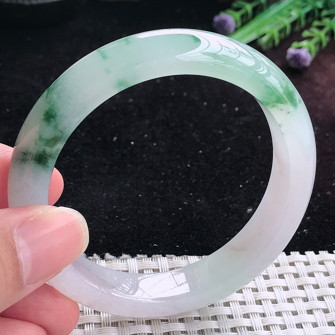 实拍A货翡翠55.5/12.6/8.6老坑冰透起胶冰飘花手镯平安镯平安镯