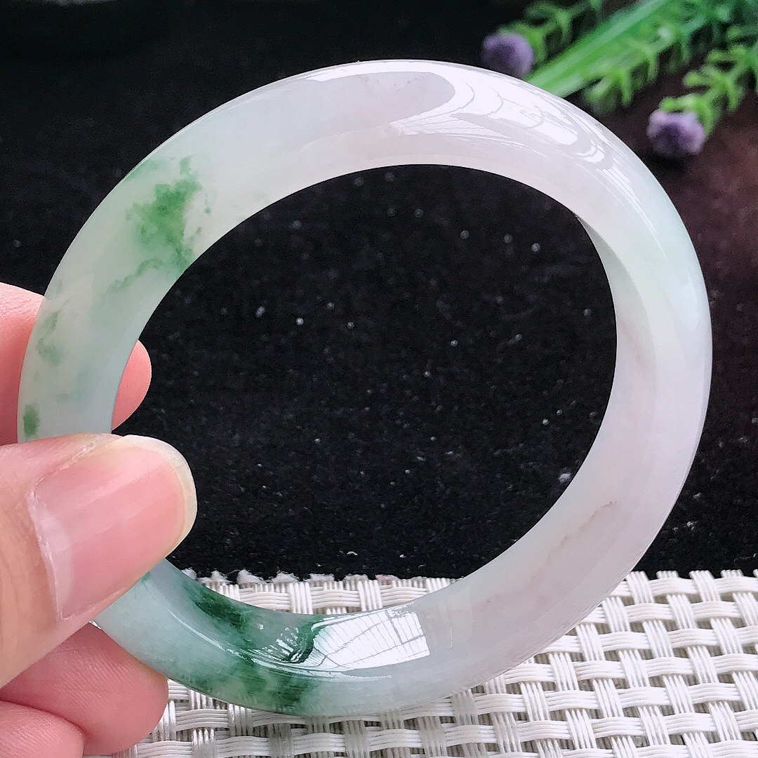 实拍A货翡翠55.5/12.6/8.6老坑冰透起胶冰飘花手镯平安镯平安镯