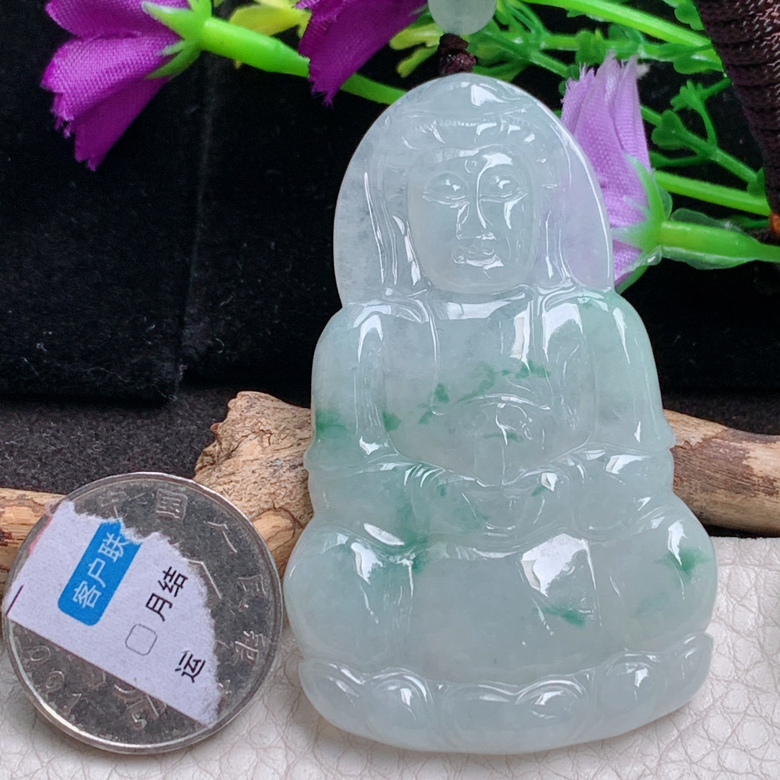 zen实拍63.5*39.6*5.8缅甸翡翠a货精雕冰飘花正庄观音 玉观音玉吊坠
