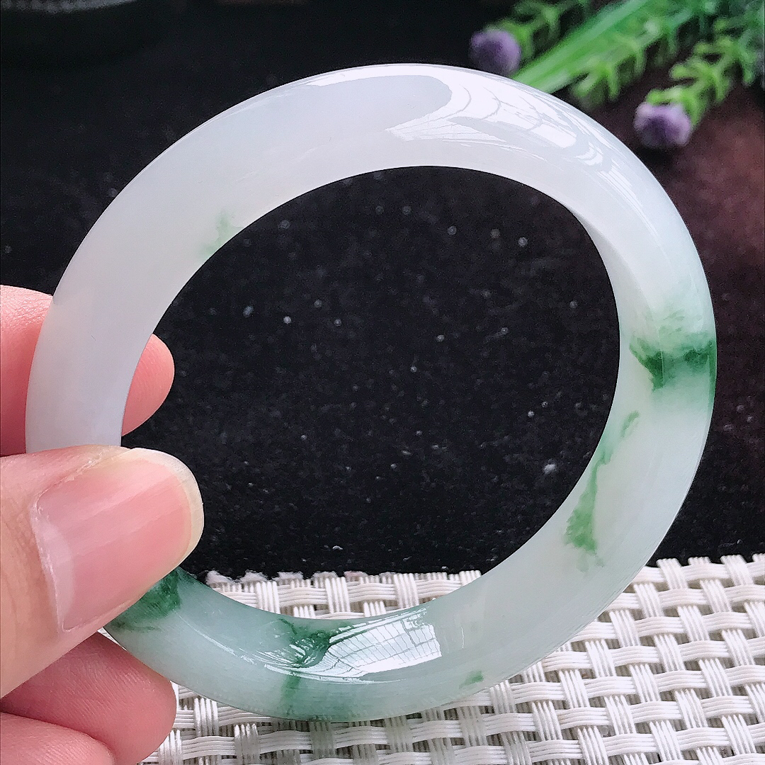 实拍A货翡翠55/12.7/8.8老坑精美冰胶飘花手镯平安镯平安镯