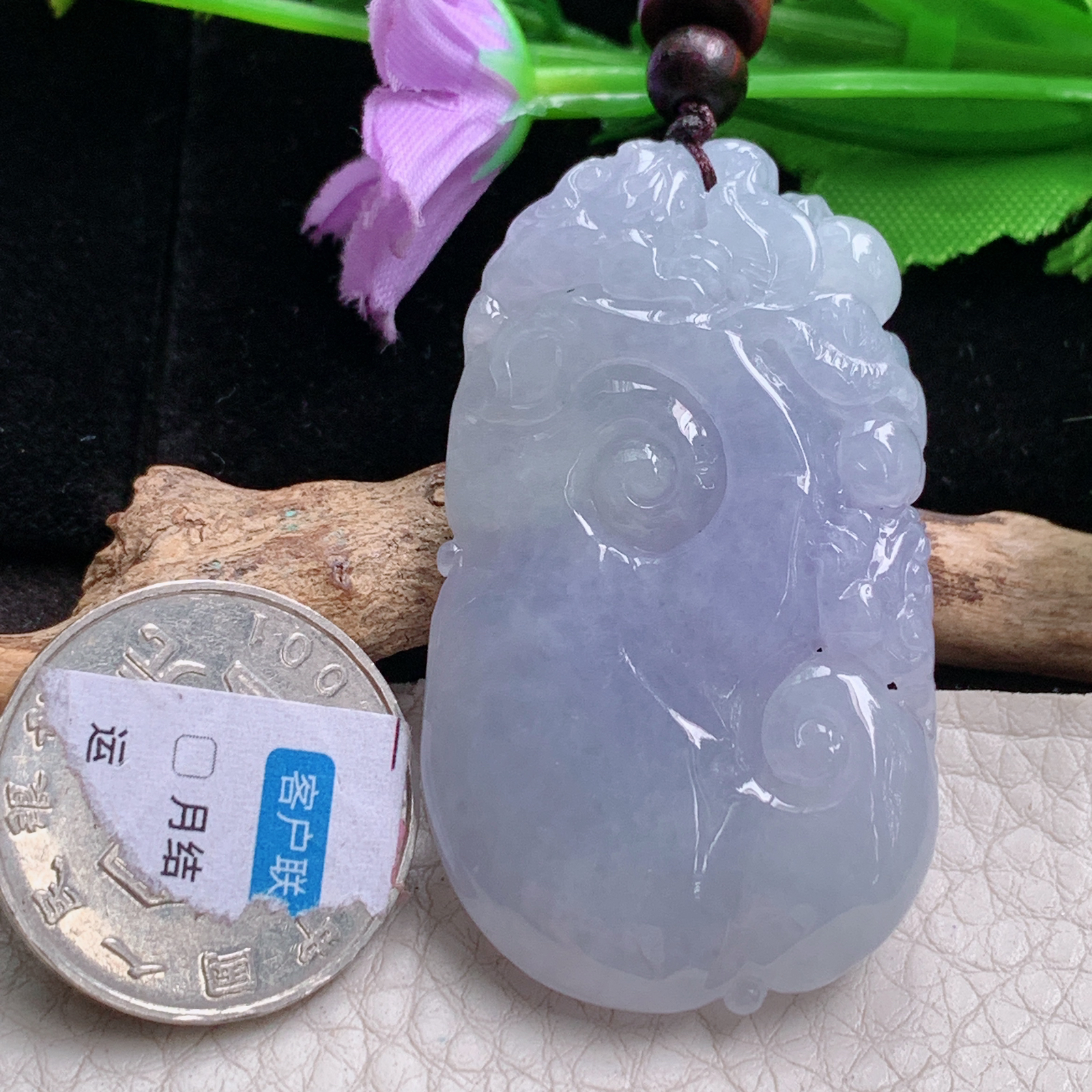 zen实拍52*30*9缅甸翡翠a货精雕紫罗兰如意 祥云如意玉吊坠 玉挂件