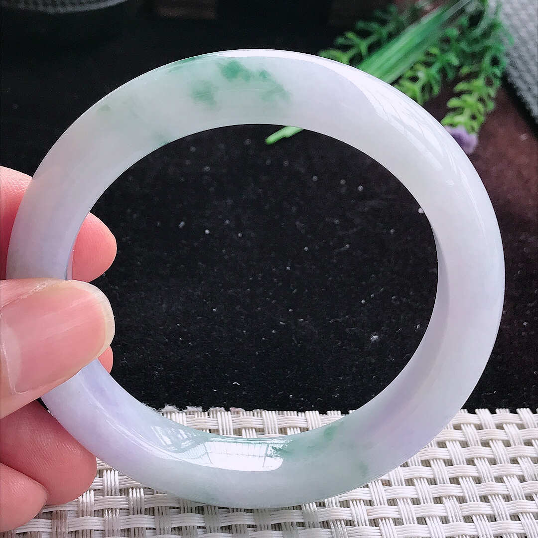 实拍A货翡翠57.5/12/9.3老坑冰润飘花手镯平安镯平安镯