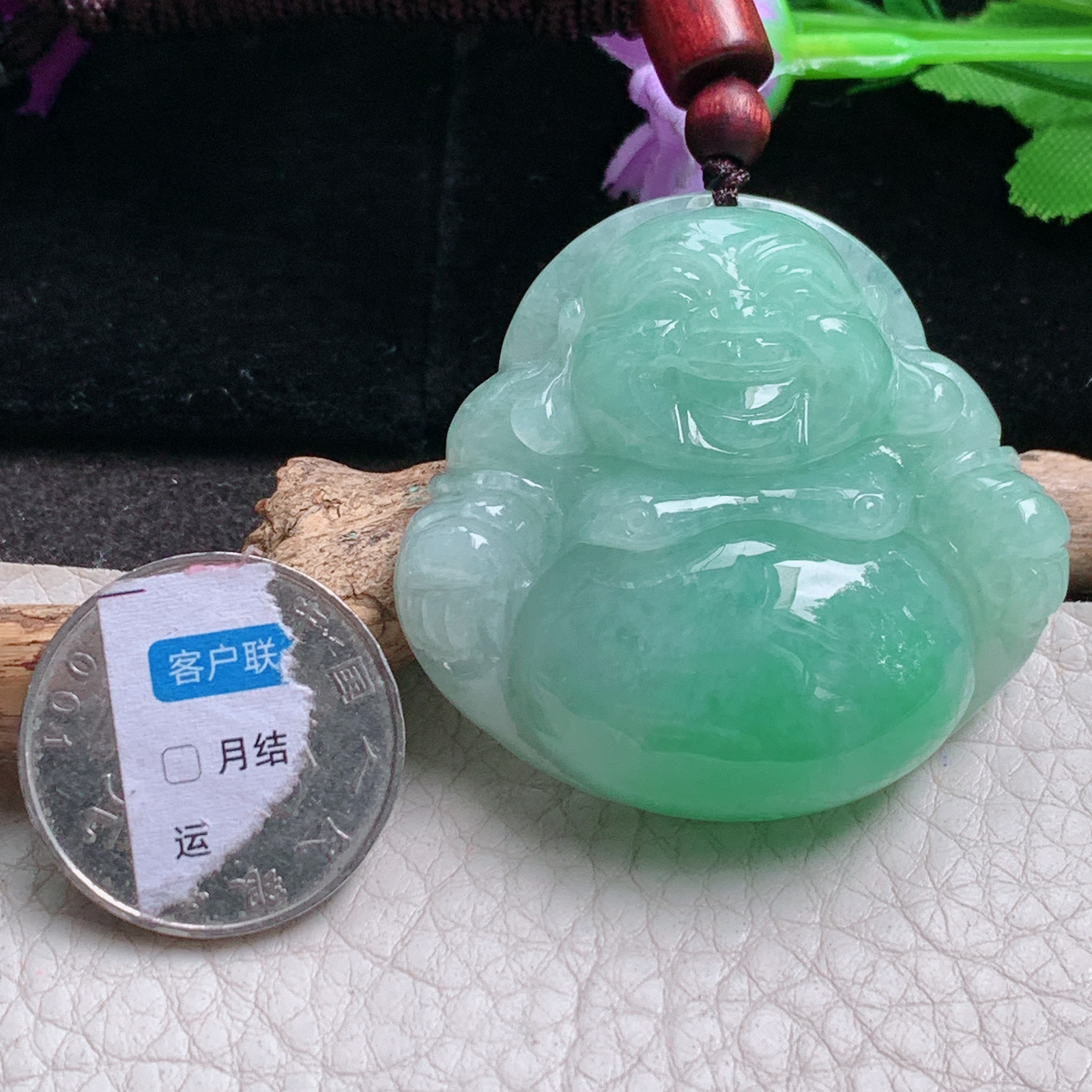 zen实拍43*45.8*13缅甸翡翠a货精雕清新水润饱满佛公 弥勒佛玉吊坠
