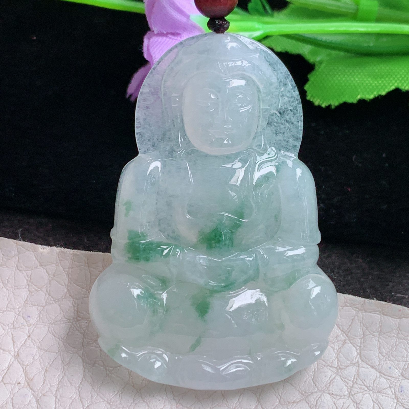zen实拍52*37*6缅甸翡翠a货精雕冰飘花正庄观音玉吊坠 玉挂件