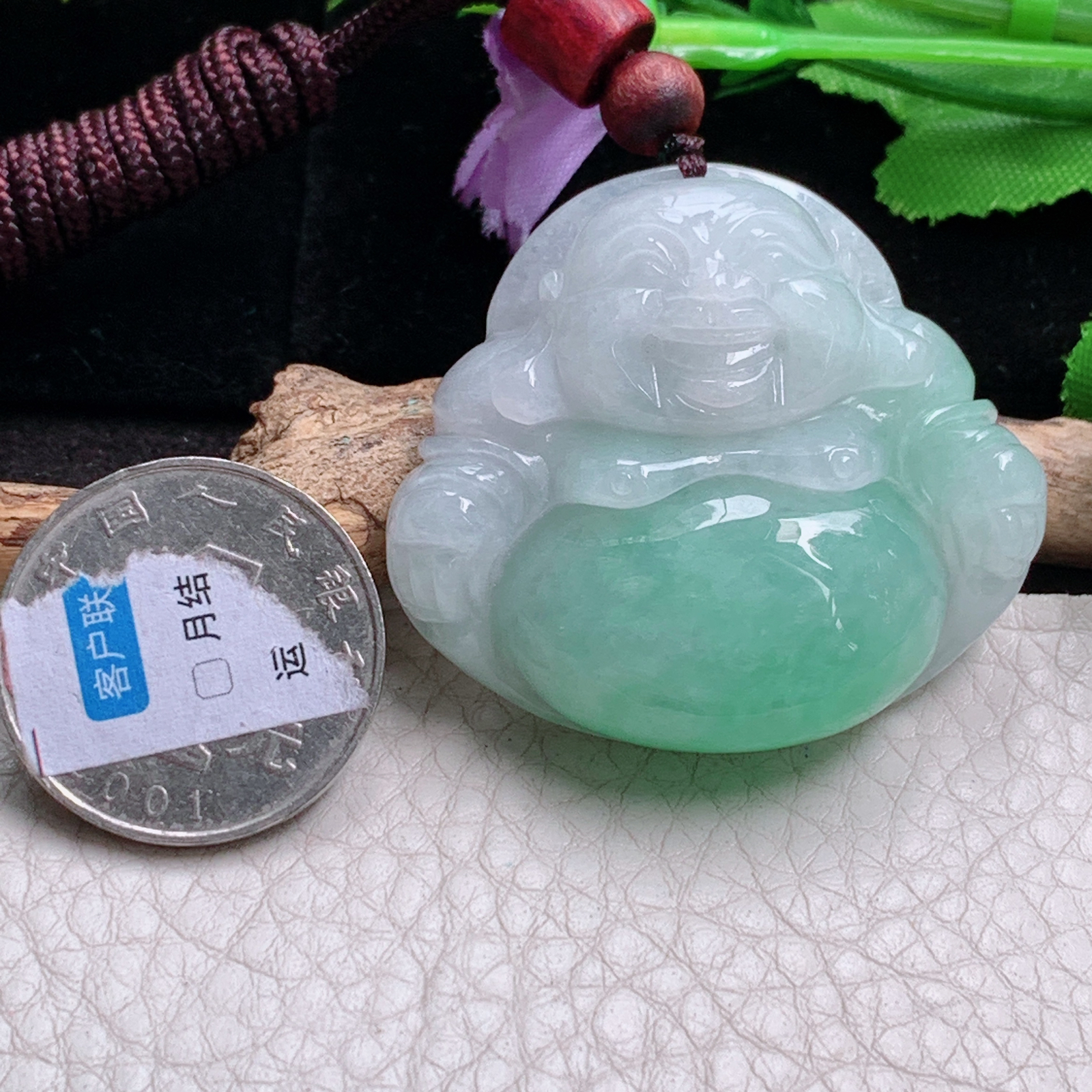 zen实拍39*43.4*12缅甸翡翠a货精雕清新饱满大佛公 弥勒佛玉吊坠 玉挂件