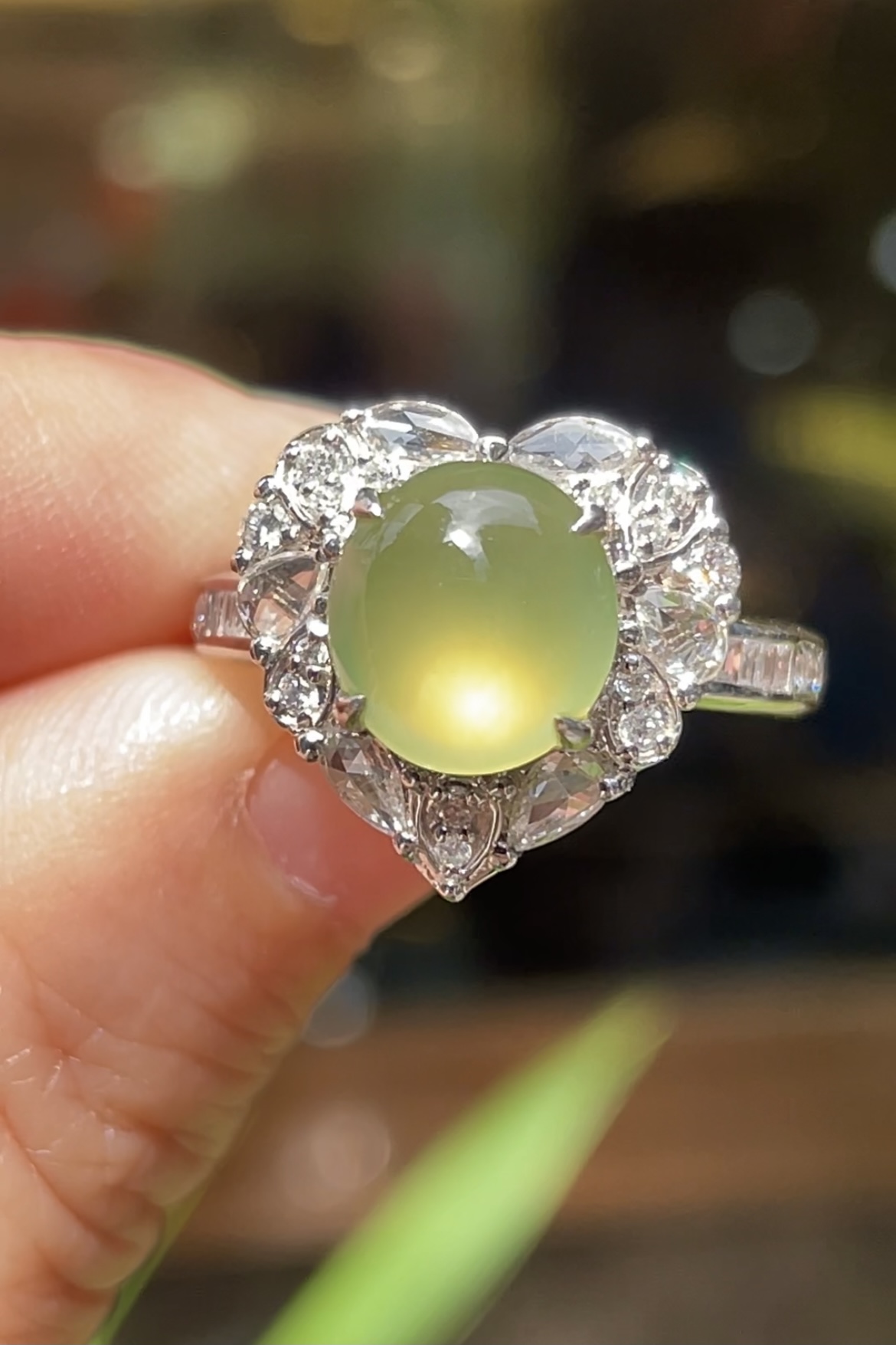 【高冰黄翡，戒指】大件饱满，通透水润，玉质细腻，翠色鲜艳，18k金奢华钻石镶嵌️，8.8-8.2-