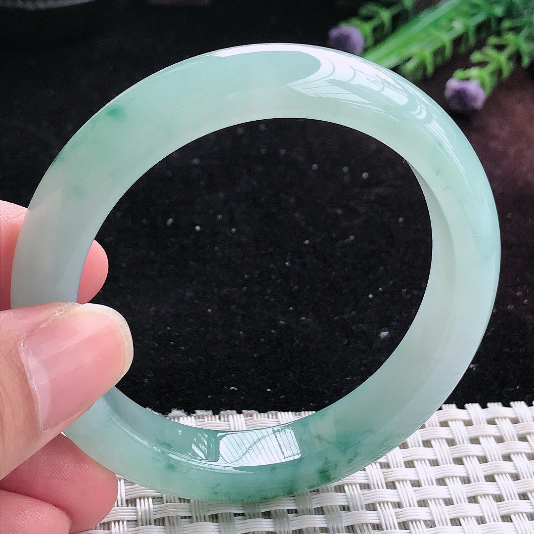 实拍A货翡翠55/11.8/8.8老坑冰胶冰飘花手镯平安镯平安镯