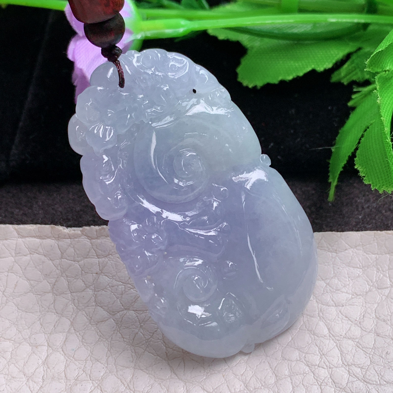 zen实拍52*30*9缅甸翡翠a货精雕紫罗兰如意 祥云如意玉吊坠 玉挂件