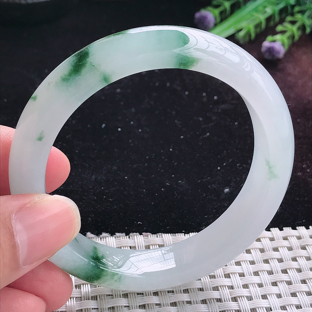 实拍A货翡翠55/12.7/8.8老坑精美冰胶飘花手镯平安镯平安镯