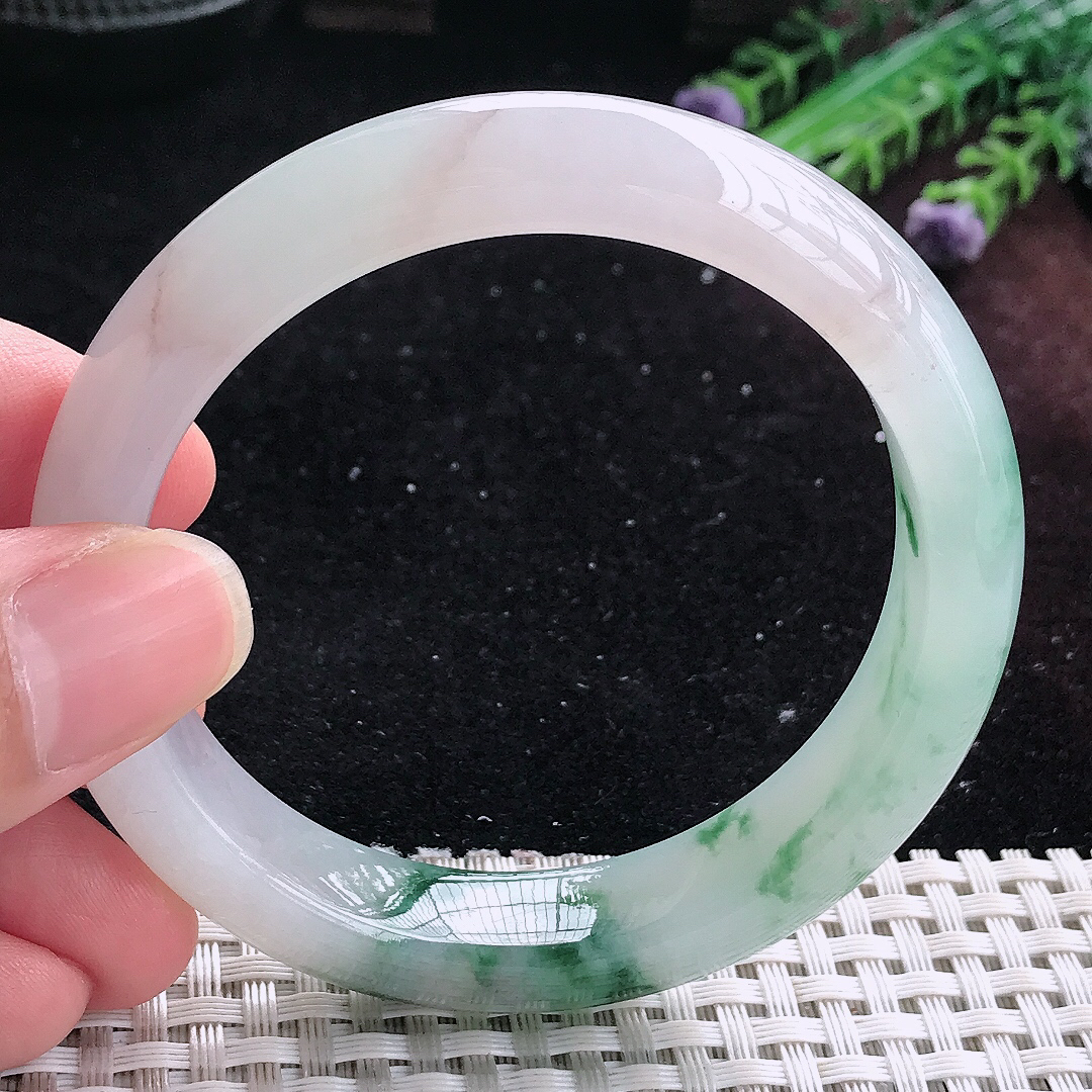 实拍A货翡翠55.5/12.6/8.6老坑冰透起胶冰飘花手镯平安镯平安镯