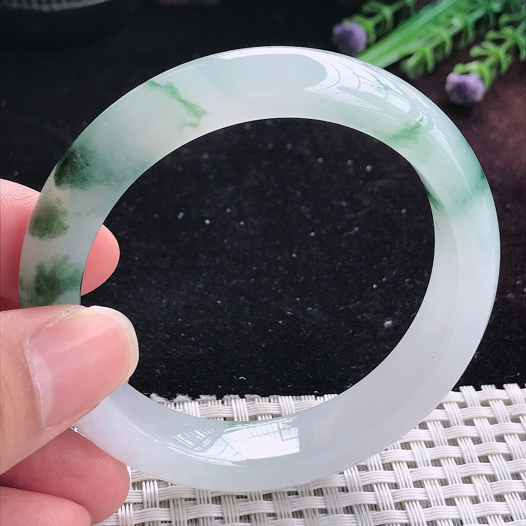 实拍A货翡翠55/12.7/8.8老坑精美冰胶飘花手镯平安镯平安镯