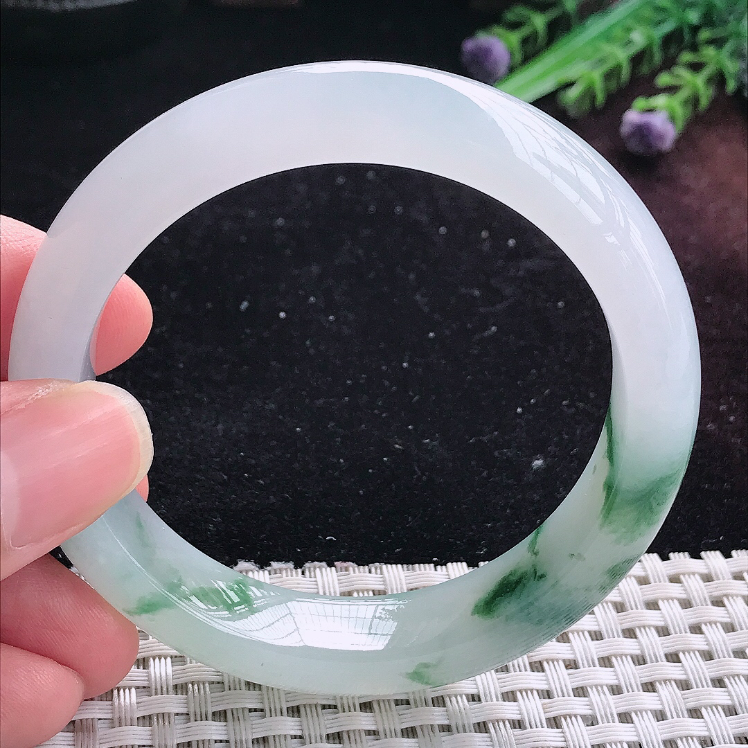 实拍A货翡翠55/12.7/8.8老坑精美冰胶飘花手镯平安镯平安镯