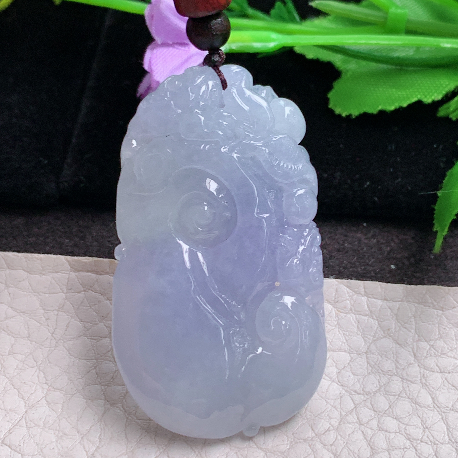 zen实拍52*30*9缅甸翡翠a货精雕紫罗兰如意 祥云如意玉吊坠 玉挂件