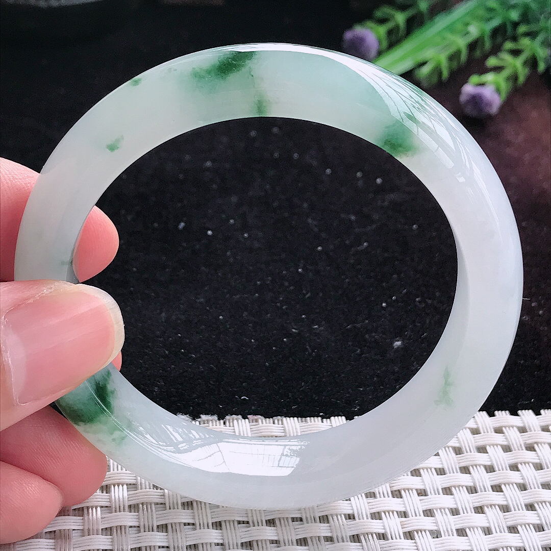 实拍A货翡翠55/12.7/8.8老坑精美冰胶飘花手镯平安镯平安镯