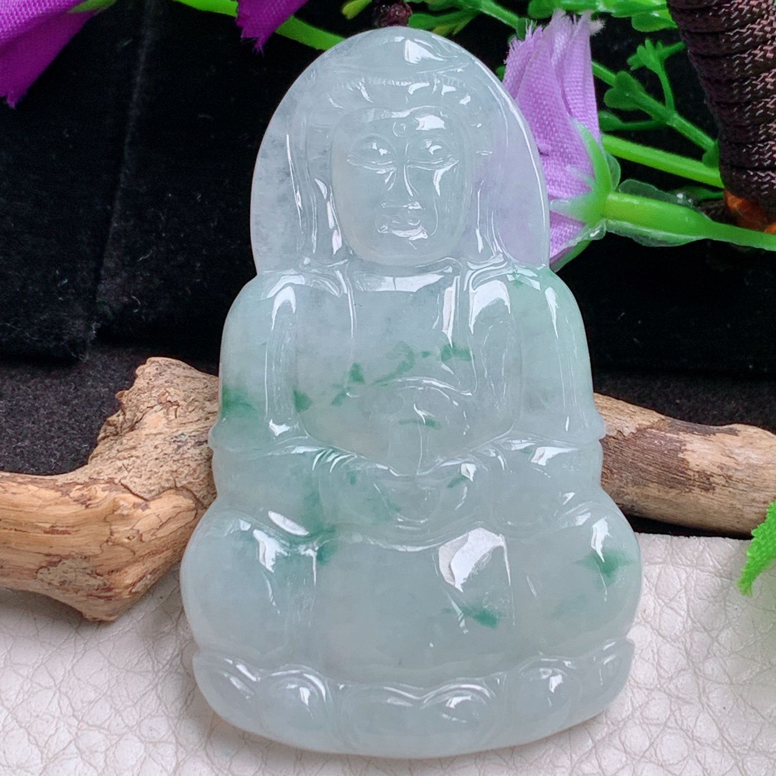 zen实拍63.5*39.6*5.8缅甸翡翠a货精雕冰飘花正庄观音 玉观音玉吊坠