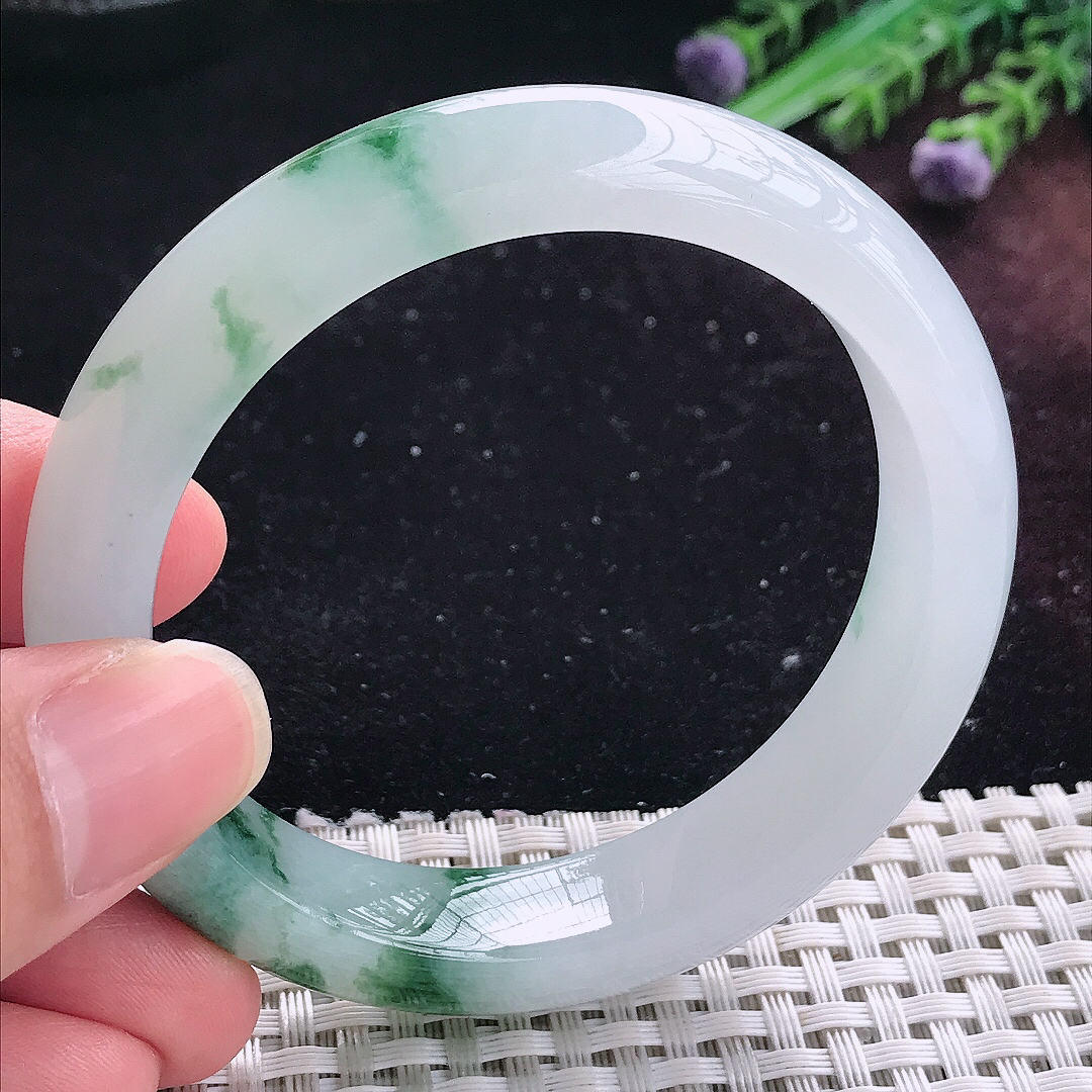 实拍A货翡翠55/12.7/8.8老坑精美冰胶飘花手镯平安镯平安镯