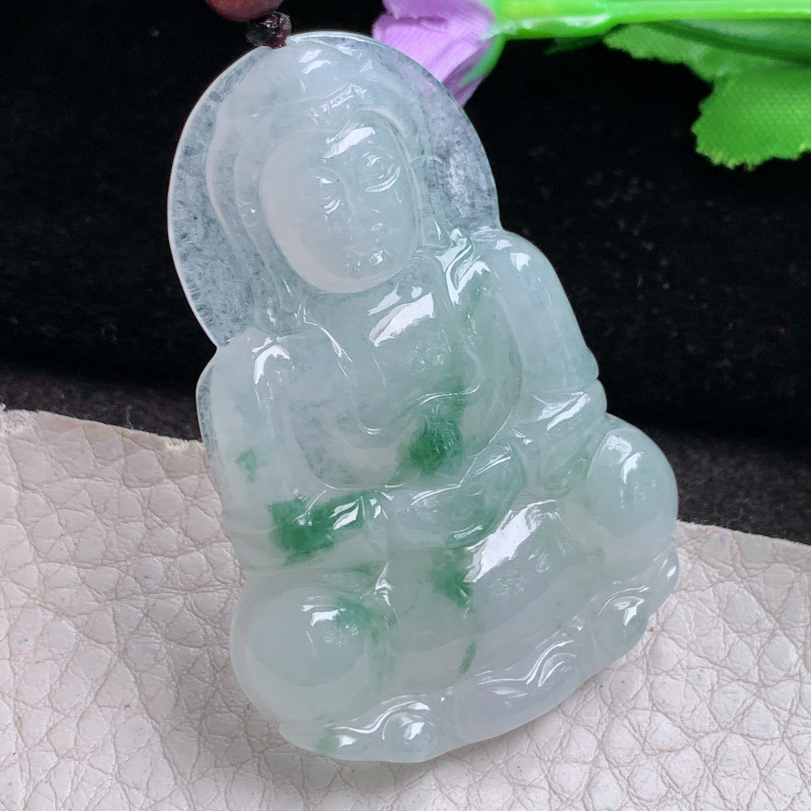 zen实拍52*37*6缅甸翡翠a货精雕冰飘花正庄观音玉吊坠 玉挂件