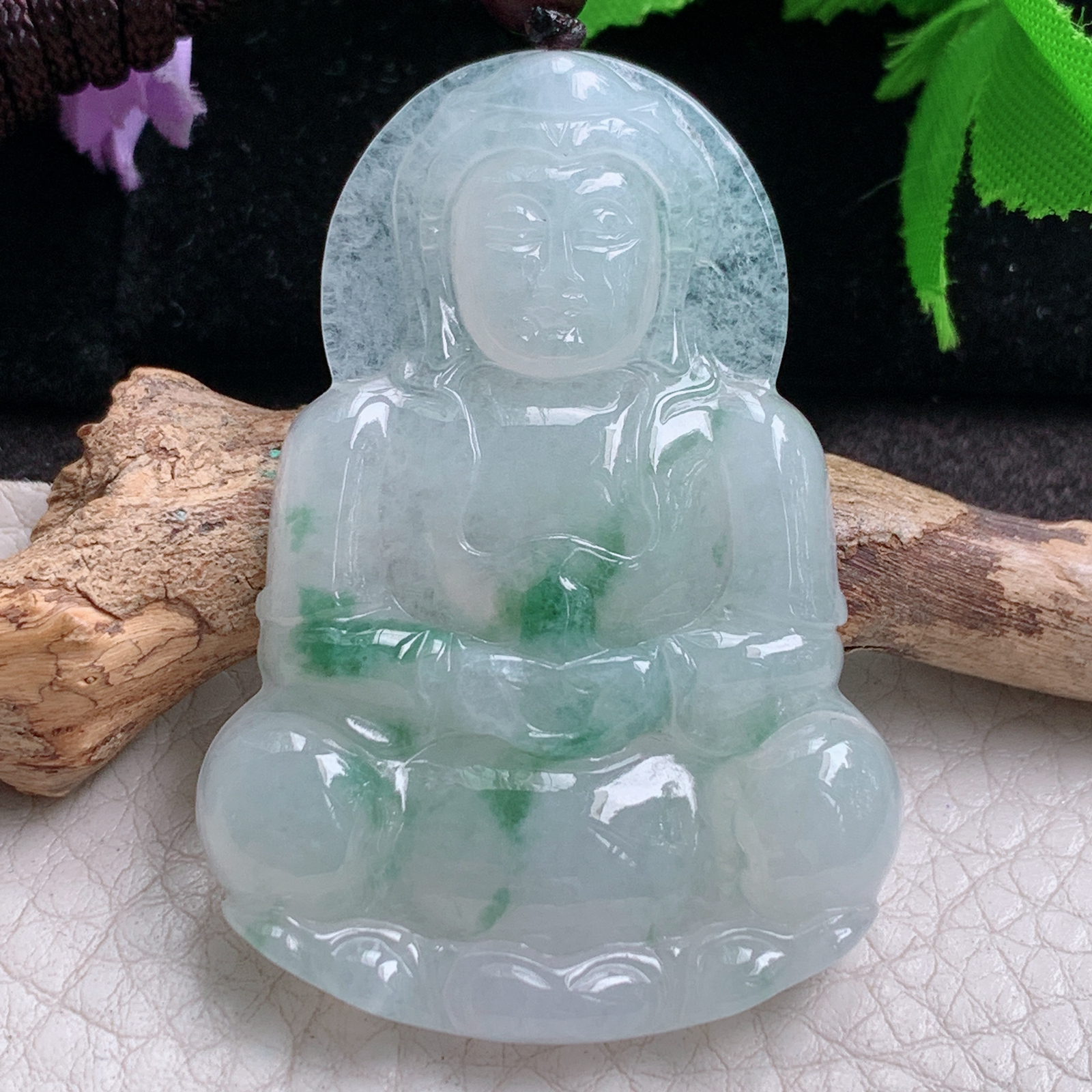 zen实拍52*37*6缅甸翡翠a货精雕冰飘花正庄观音玉吊坠 玉挂件