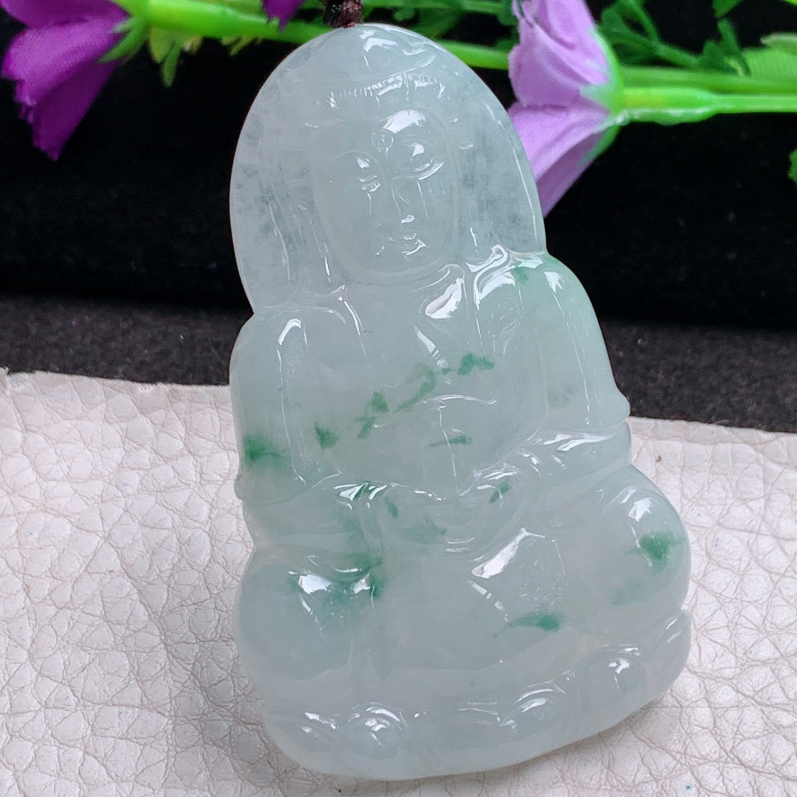 zen实拍63.5*39.6*5.8缅甸翡翠a货精雕冰飘花正庄观音 玉观音玉吊坠