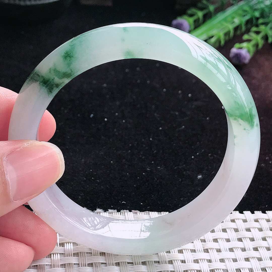 实拍A货翡翠55.5/12.6/8.6老坑冰透起胶冰飘花手镯平安镯平安镯