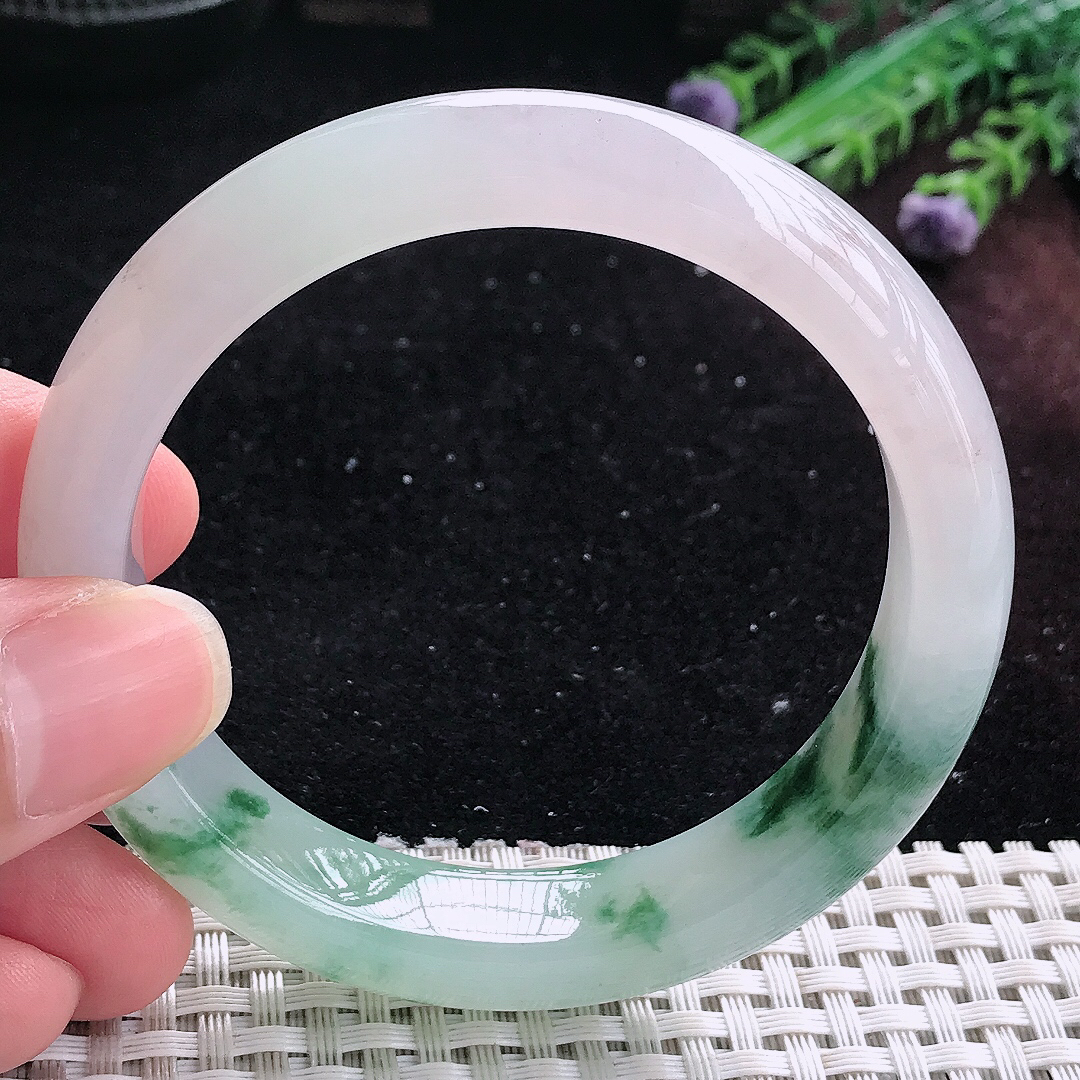 实拍A货翡翠55.5/12.6/8.6老坑冰透起胶冰飘花手镯平安镯平安镯