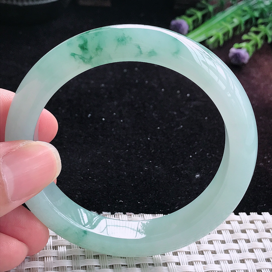 实拍A货翡翠55/11.8/8.8老坑冰胶冰飘花手镯平安镯平安镯