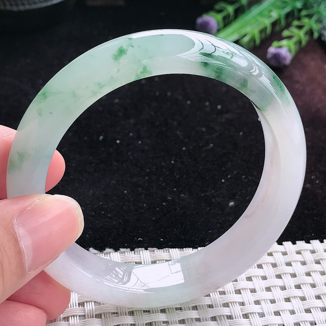 实拍A货翡翠55.5/12.6/8.6老坑冰透起胶冰飘花手镯平安镯平安镯