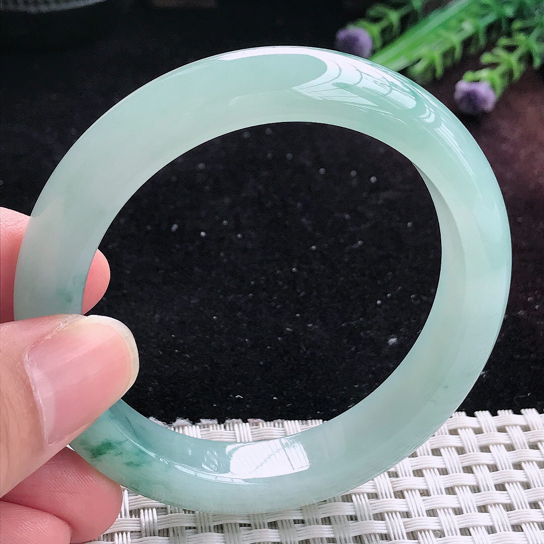 实拍A货翡翠55/11.8/8.8老坑冰胶冰飘花手镯平安镯平安镯