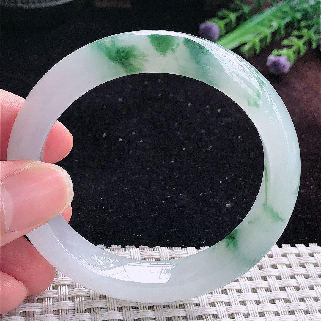 实拍A货翡翠55/12.7/8.8老坑精美冰胶飘花手镯平安镯平安镯