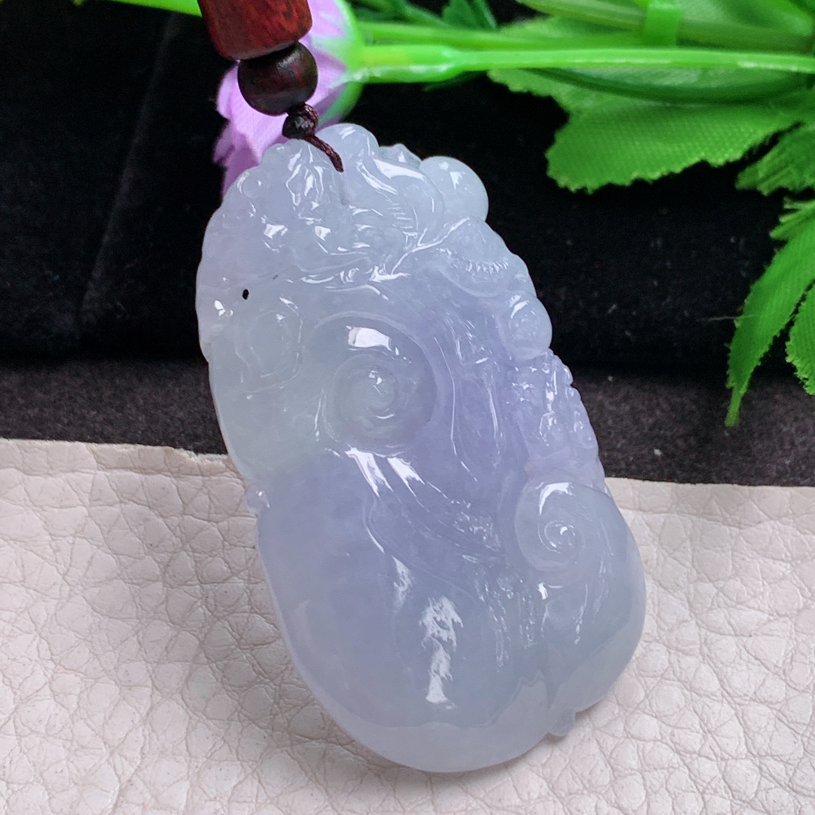 zen实拍52*30*9缅甸翡翠a货精雕紫罗兰如意 祥云如意玉吊坠 玉挂件