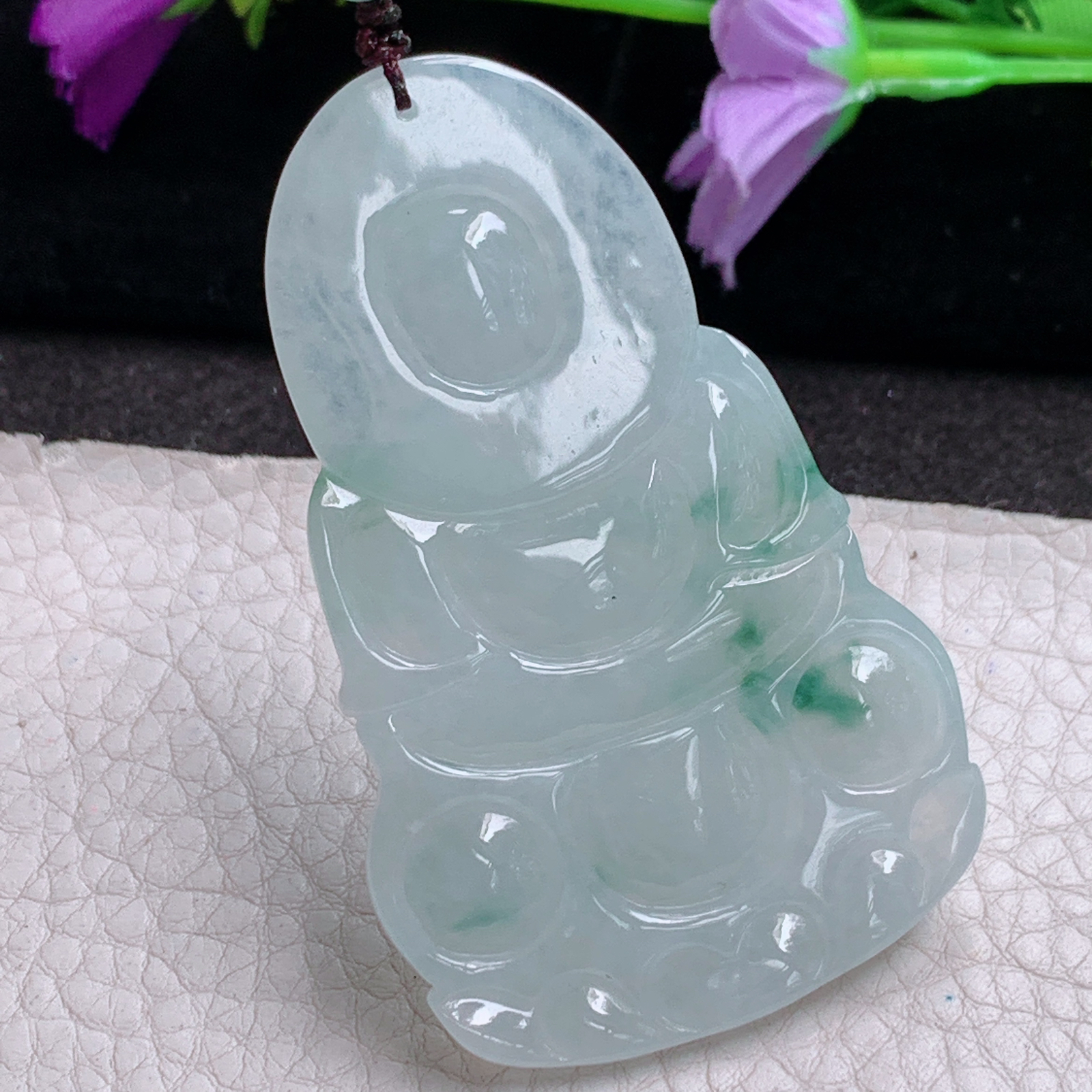 zen实拍63.5*39.6*5.8缅甸翡翠a货精雕冰飘花正庄观音 玉观音玉吊坠