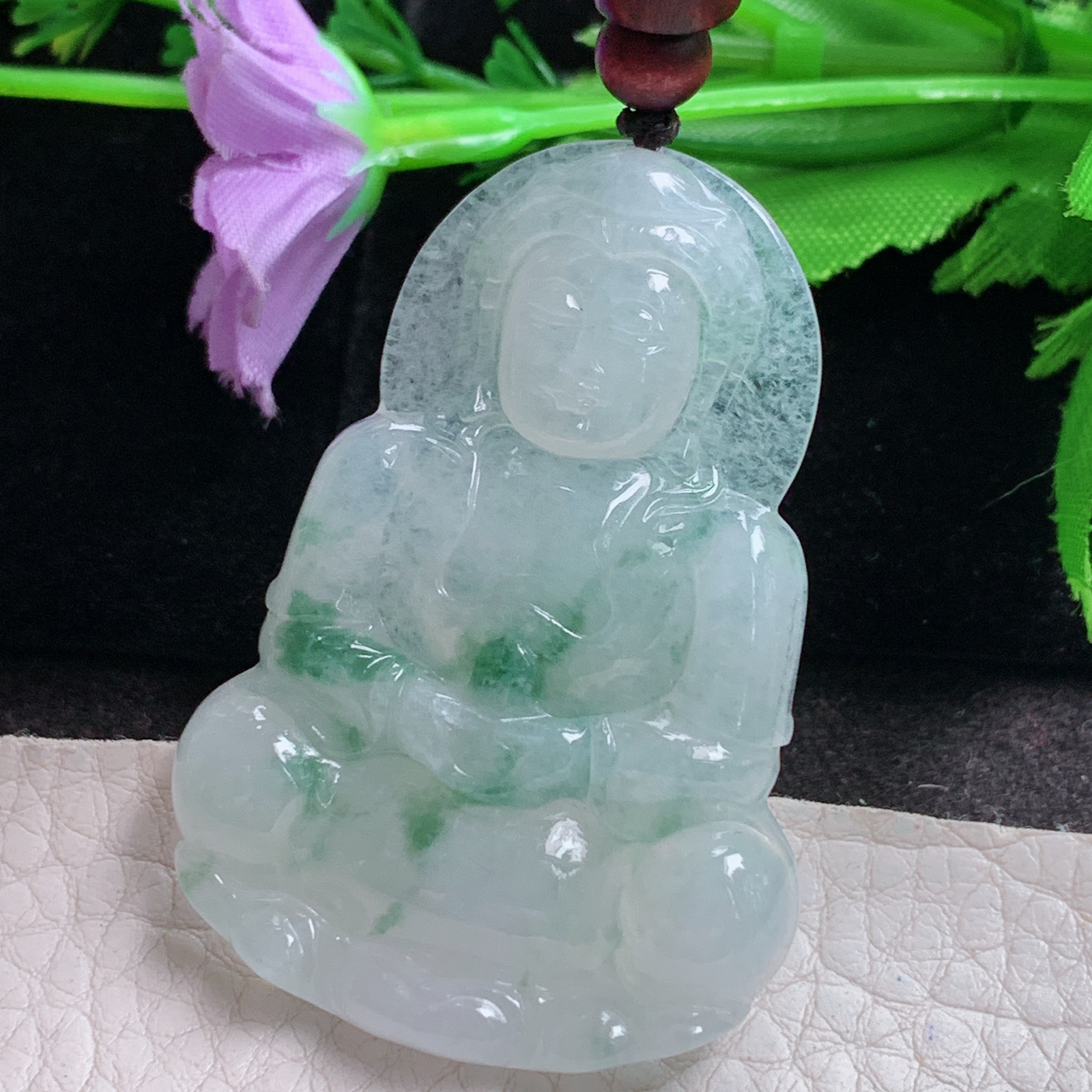 zen实拍52*37*6缅甸翡翠a货精雕冰飘花正庄观音玉吊坠 玉挂件