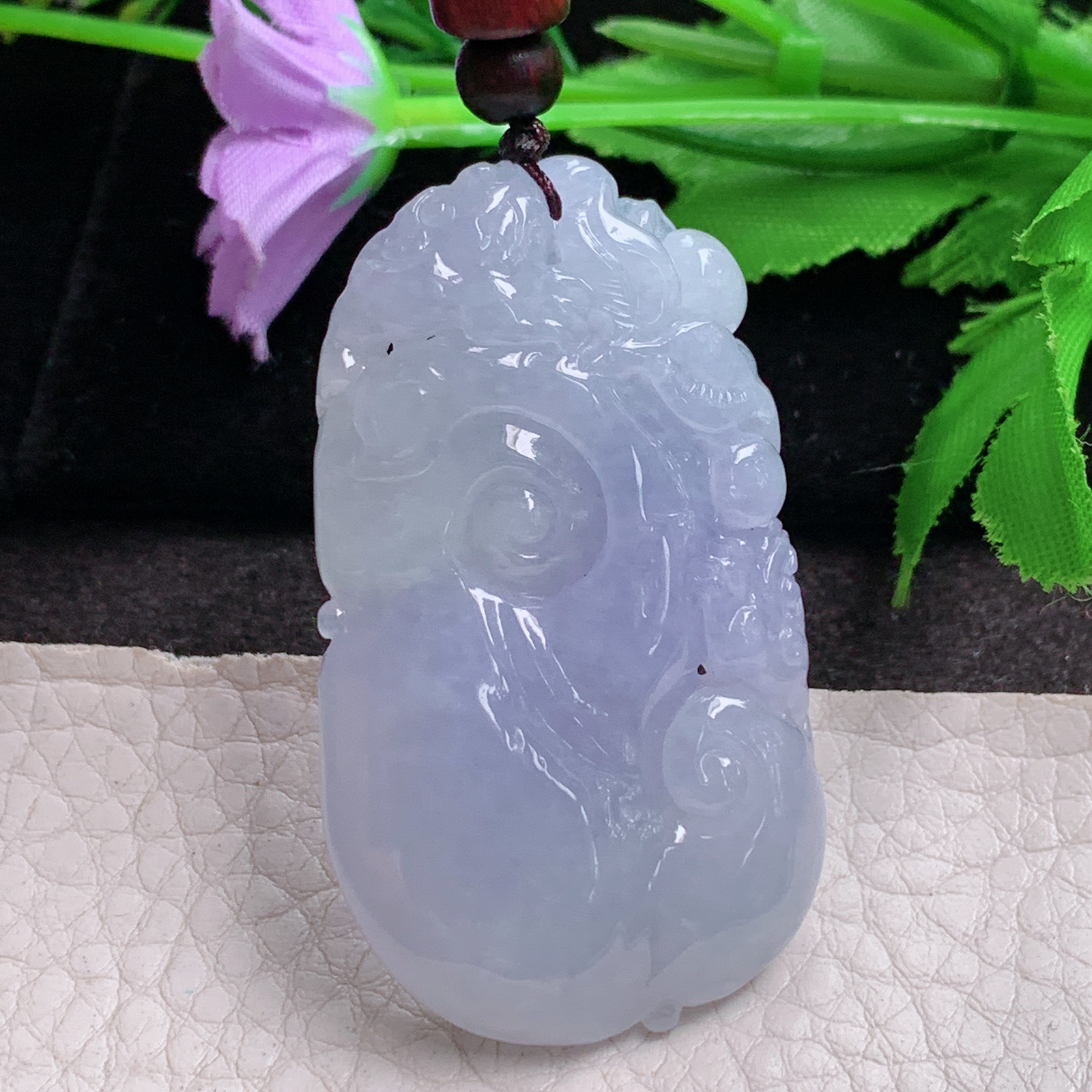 zen实拍52*30*9缅甸翡翠a货精雕紫罗兰如意 祥云如意玉吊坠 玉挂件