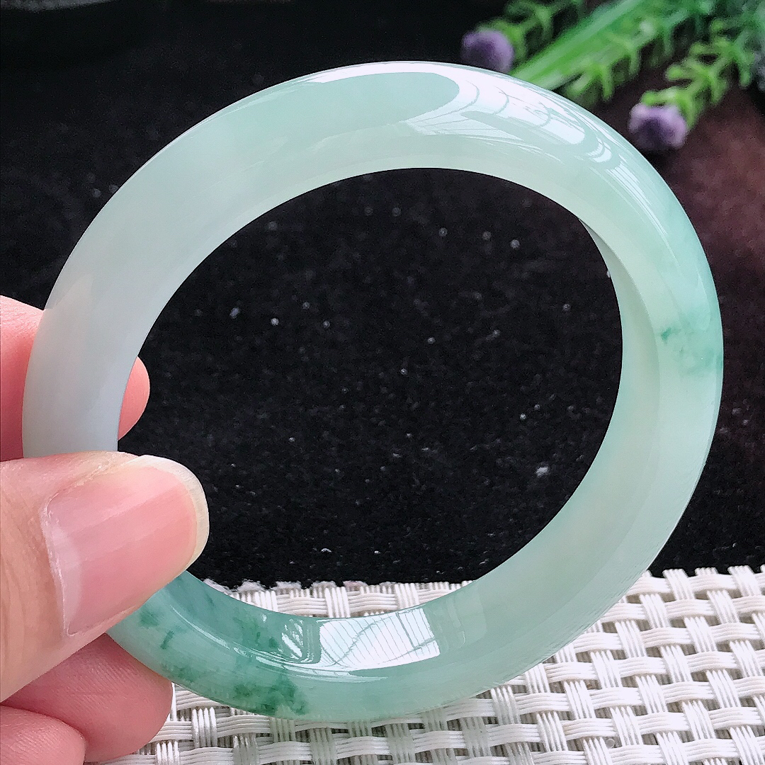 实拍A货翡翠55/11.8/8.8老坑冰胶冰飘花手镯平安镯平安镯