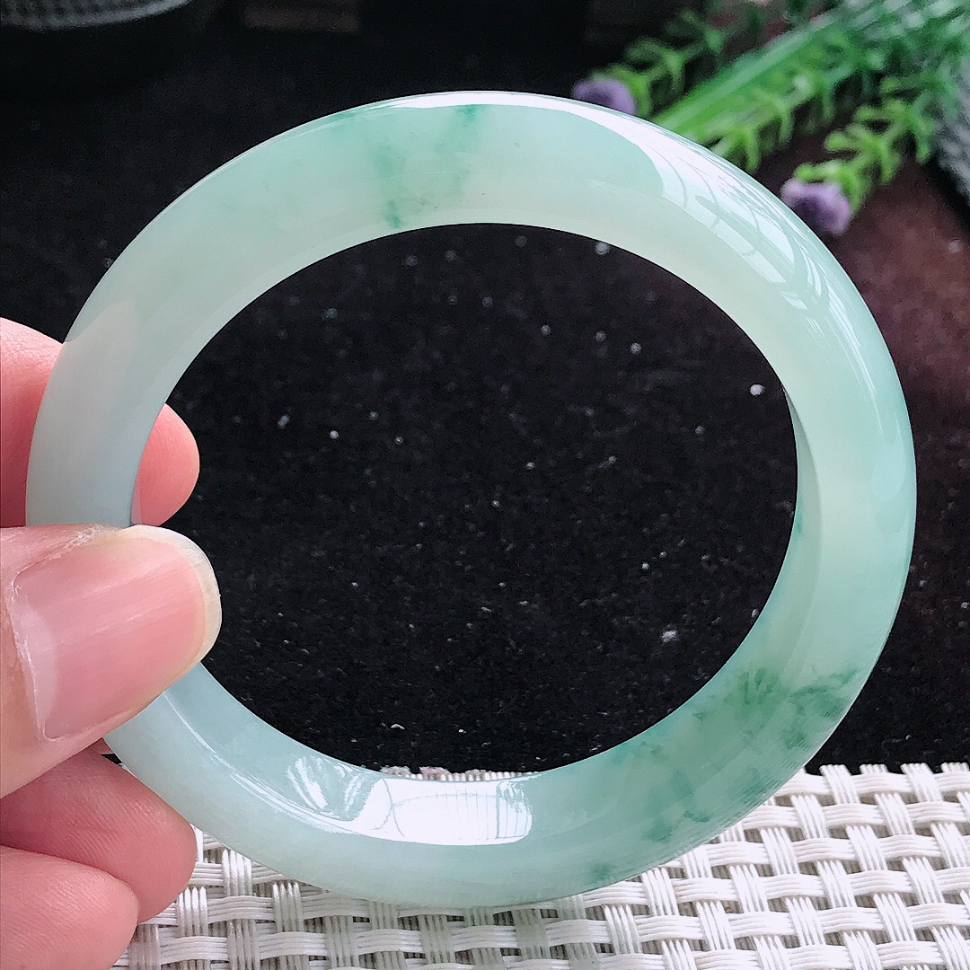实拍A货翡翠55/11.8/8.8老坑冰胶冰飘花手镯平安镯平安镯