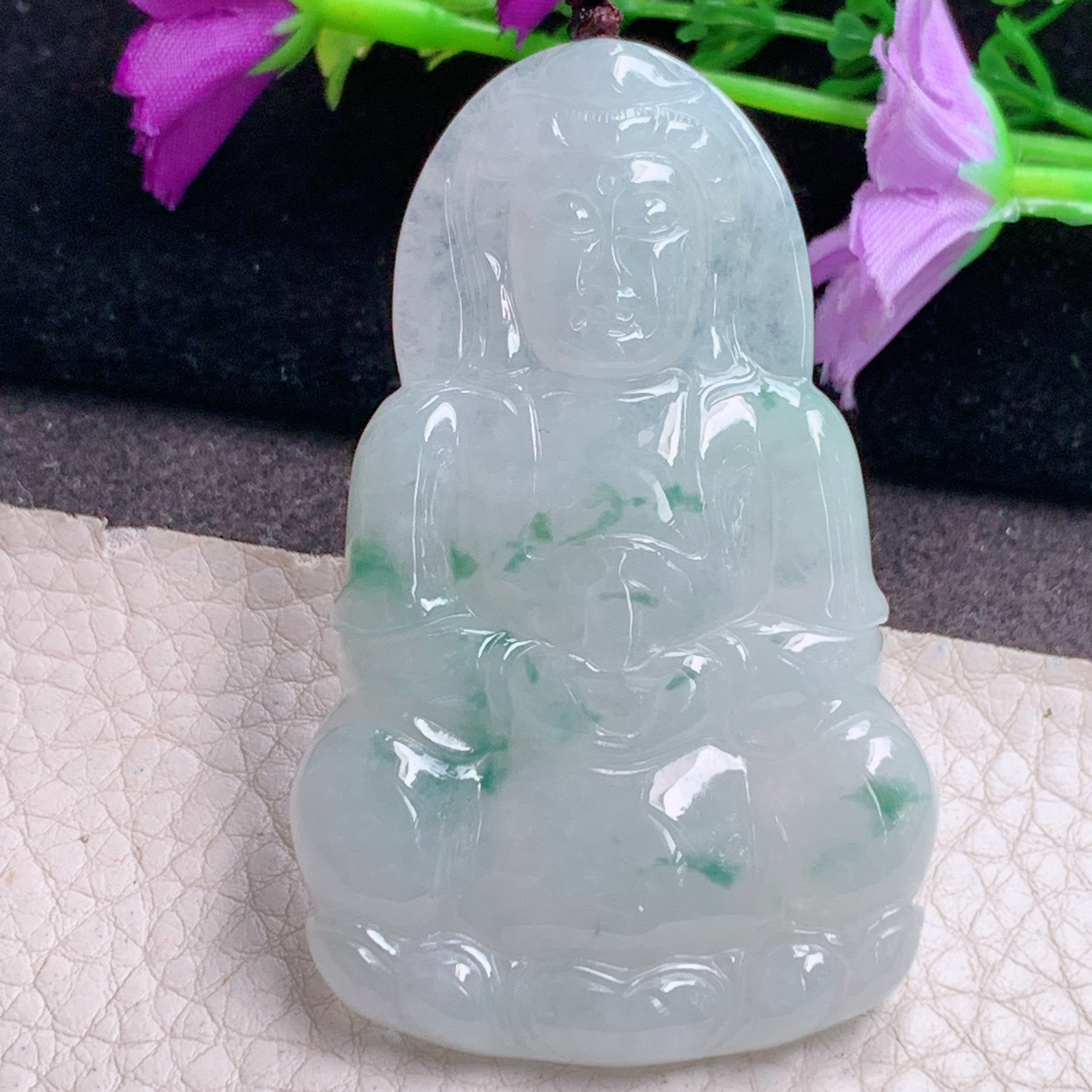 zen实拍63.5*39.6*5.8缅甸翡翠a货精雕冰飘花正庄观音 玉观音玉吊坠