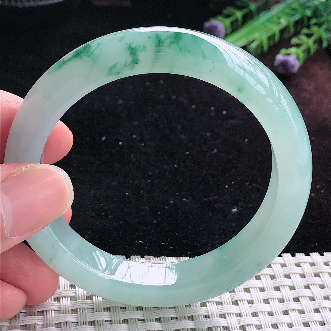实拍A货翡翠55/11.8/8.8老坑冰胶冰飘花手镯平安镯平安镯