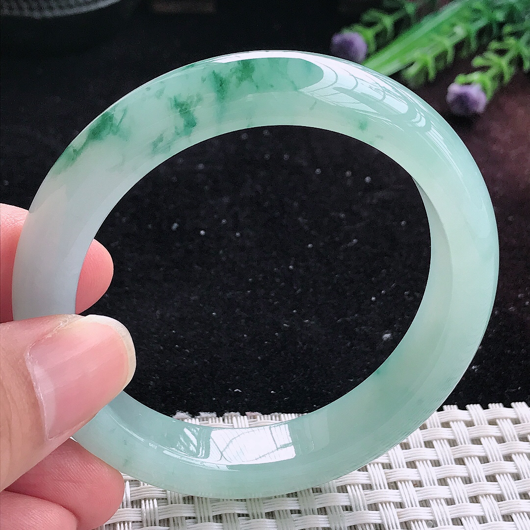 实拍A货翡翠55/11.8/8.8老坑冰胶冰飘花手镯平安镯平安镯