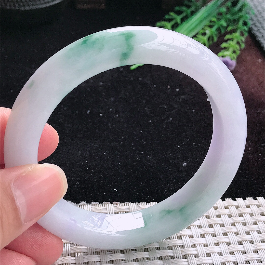 实拍A货翡翠57.5/12/9.3老坑冰润飘花手镯平安镯平安镯