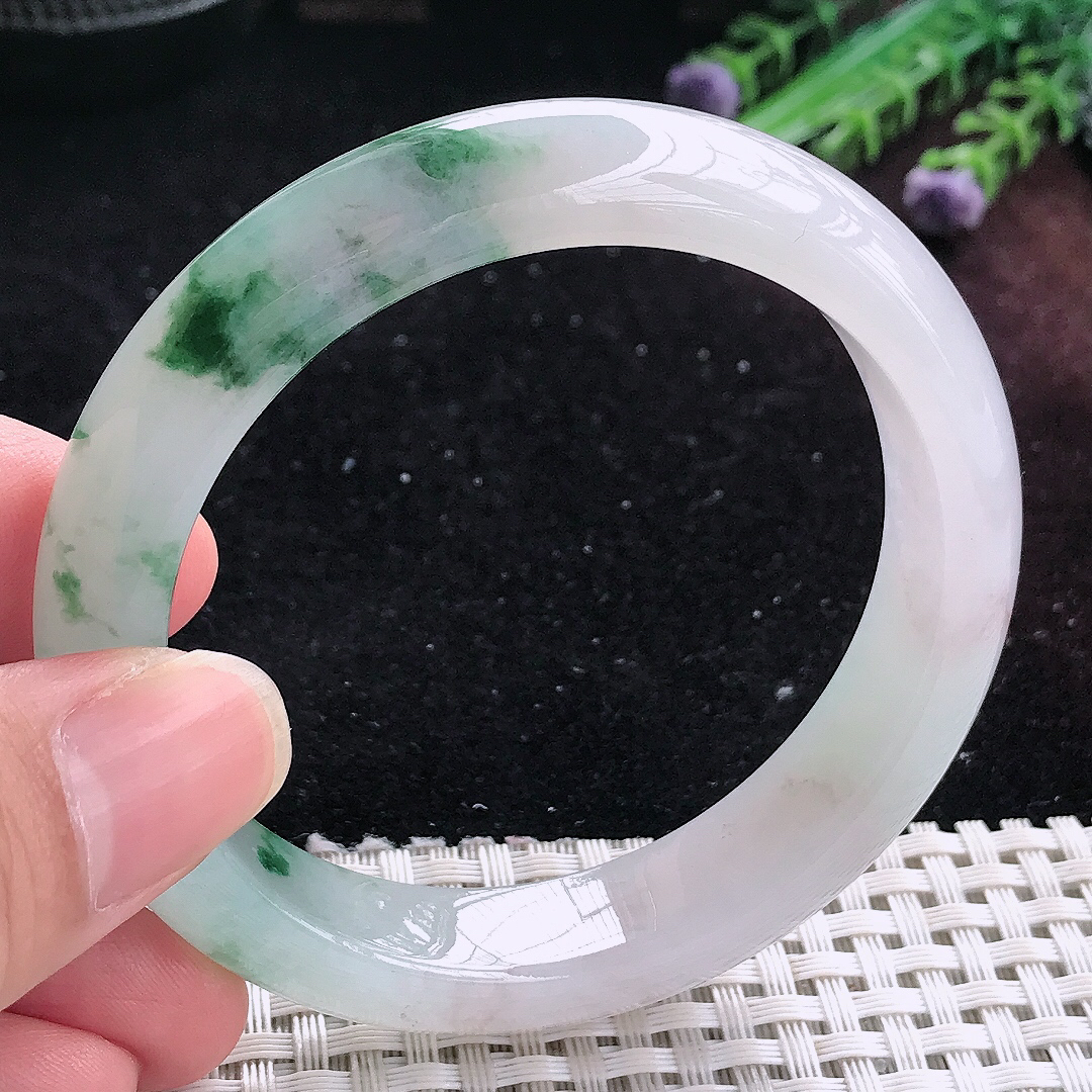 实拍A货翡翠55.5/12.6/8.6老坑冰透起胶冰飘花手镯平安镯平安镯