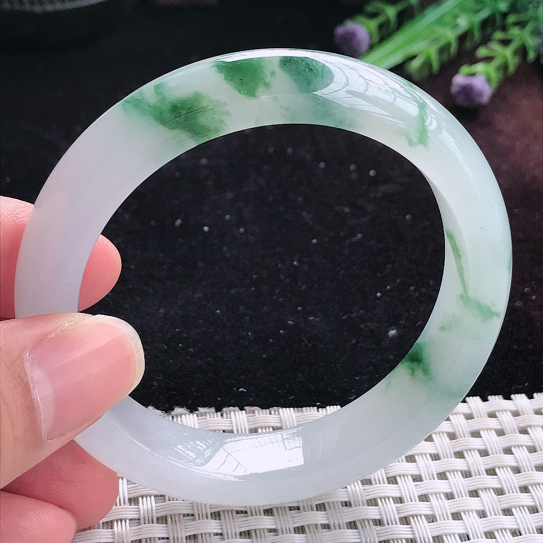 实拍A货翡翠55/12.7/8.8老坑精美冰胶飘花手镯平安镯平安镯