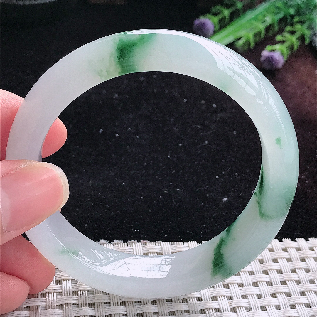 实拍A货翡翠55/12.7/8.8老坑精美冰胶飘花手镯平安镯平安镯