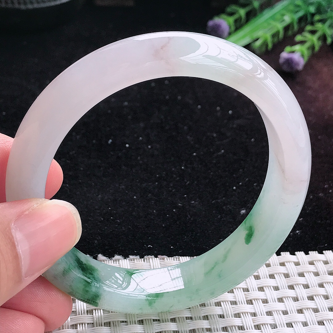 实拍A货翡翠55.5/12.6/8.6老坑冰透起胶冰飘花手镯平安镯平安镯