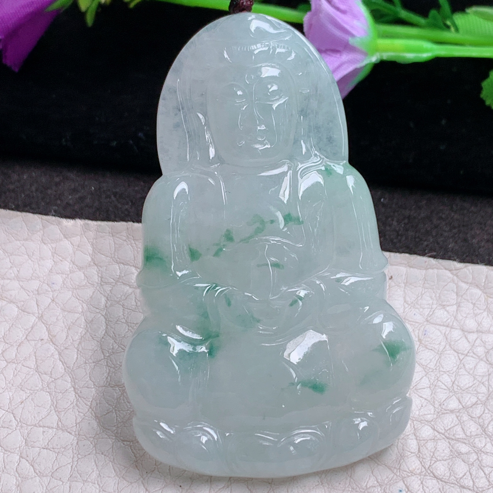 zen实拍63.5*39.6*5.8缅甸翡翠a货精雕冰飘花正庄观音 玉观音玉吊坠