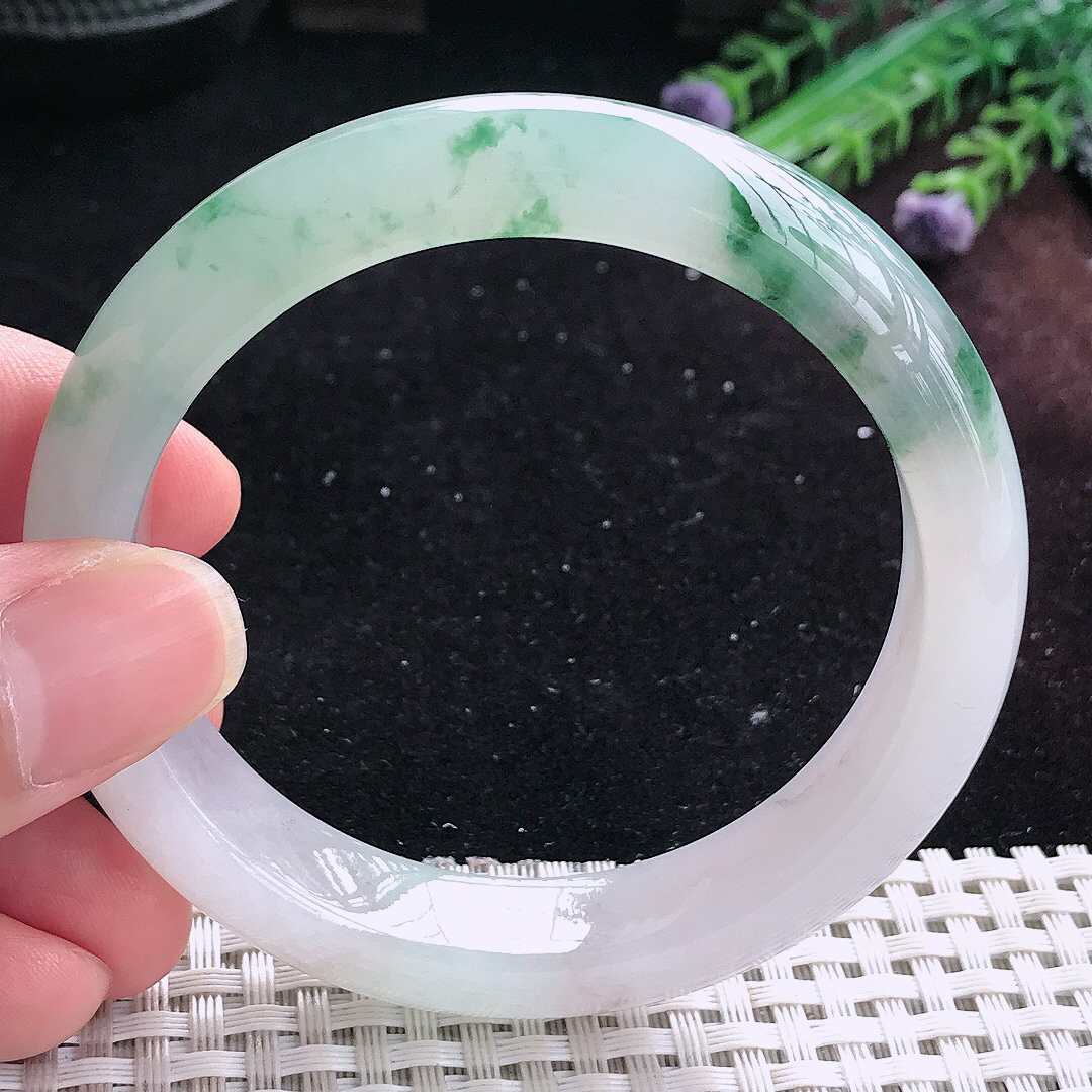 实拍A货翡翠55.5/12.6/8.6老坑冰透起胶冰飘花手镯平安镯平安镯