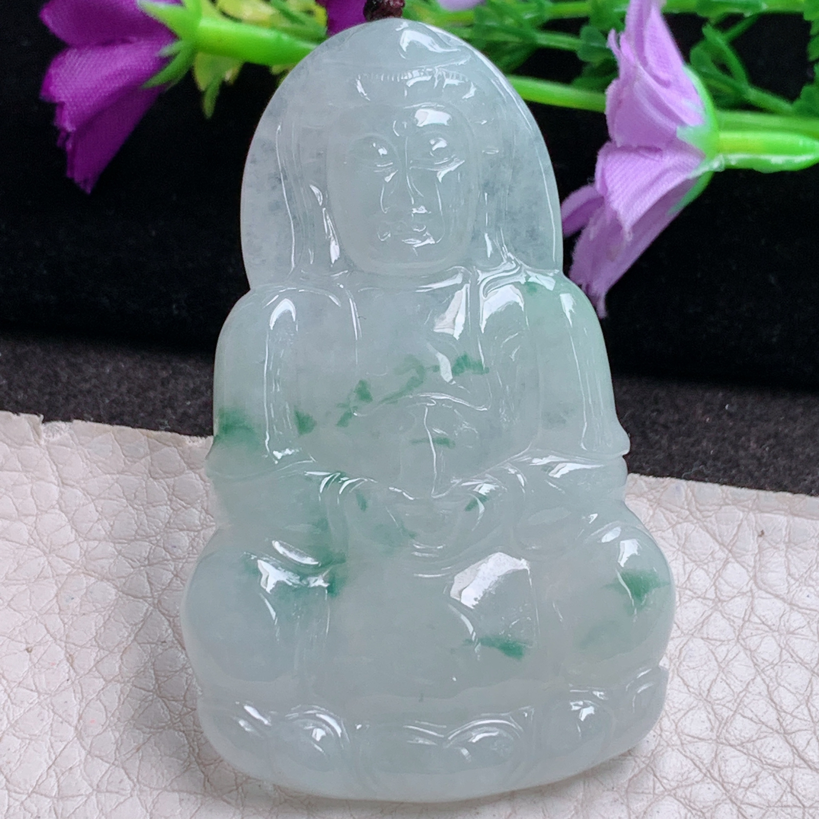 zen实拍63.5*39.6*5.8缅甸翡翠a货精雕冰飘花正庄观音 玉观音玉吊坠