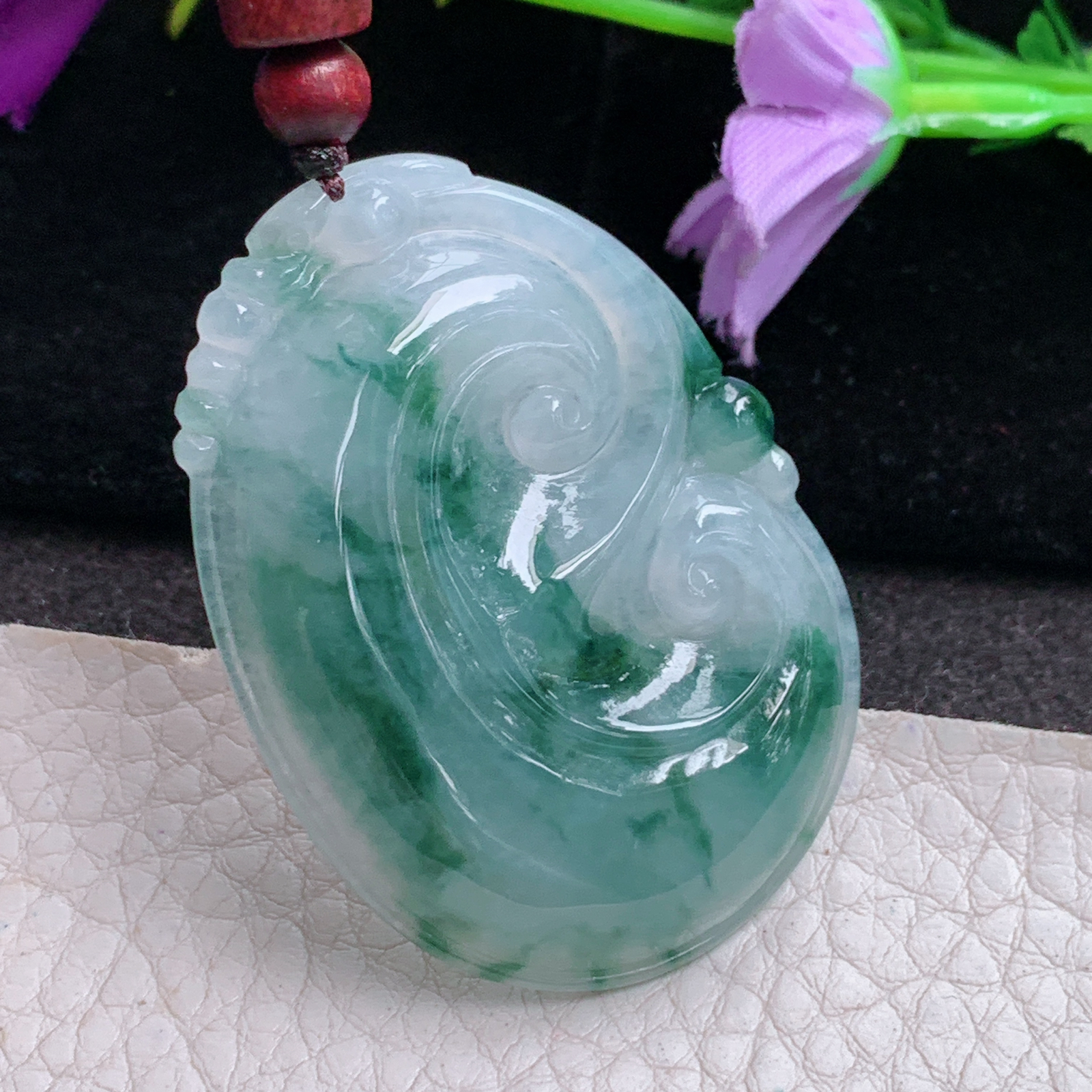 zen实拍48.7*35*5.6缅甸翡翠a货精雕冰飘花如意玉吊坠 玉挂件